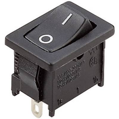 Een zwarte tuimelschakelaar, rechthoekig, in de stand 'Uit'. Geschikt voor het bedienen van elektrische apparaten.
