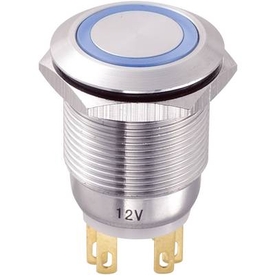 'Ronde metalen drukknop, 12V, met blauwe LED-ringaanduiding. Geschikt voor elektronica- en doe-het-zelfprojecten.'