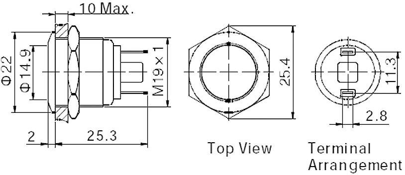 'Technische tekening van een schakelaar met vooraanzicht, bovenaanzicht en aansluitschets. Afmetingen: 25,3 mm breedte, M19 x 1 schroefdraad.'