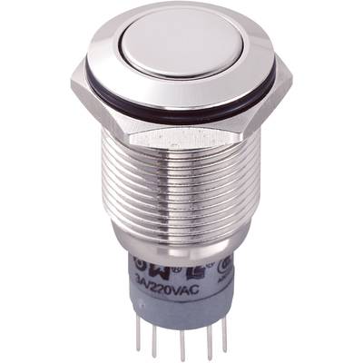 Metalen drukknop met een vast schroefgewinde en meerdere aansluitcontacten aan de onderzijde. Geschikt voor elektrische schakelingen.