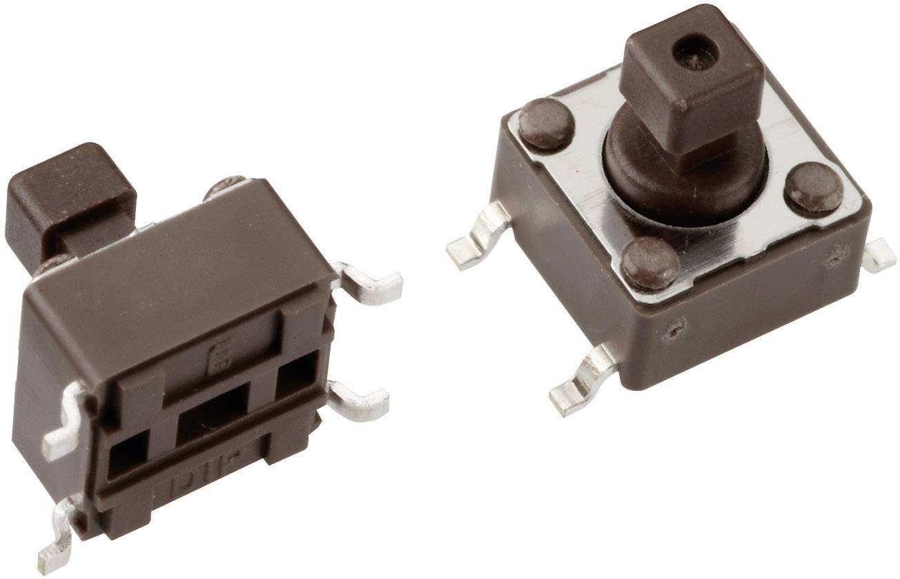 Twee bruine micro-schakelaars met metalen platen en vier aansluitpoten, geschikt voor elektronische schakelingen.