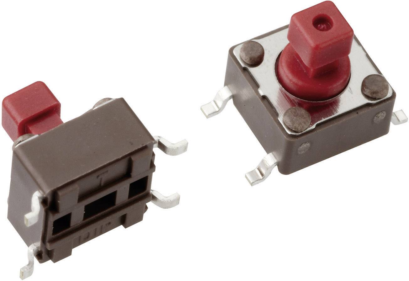 Twee rode drukschakelaars op een witte achtergrond. Links wordt de schakelaar van opzij getoond, rechts van bovenaf. Ideaal voor elektronische apparaten.