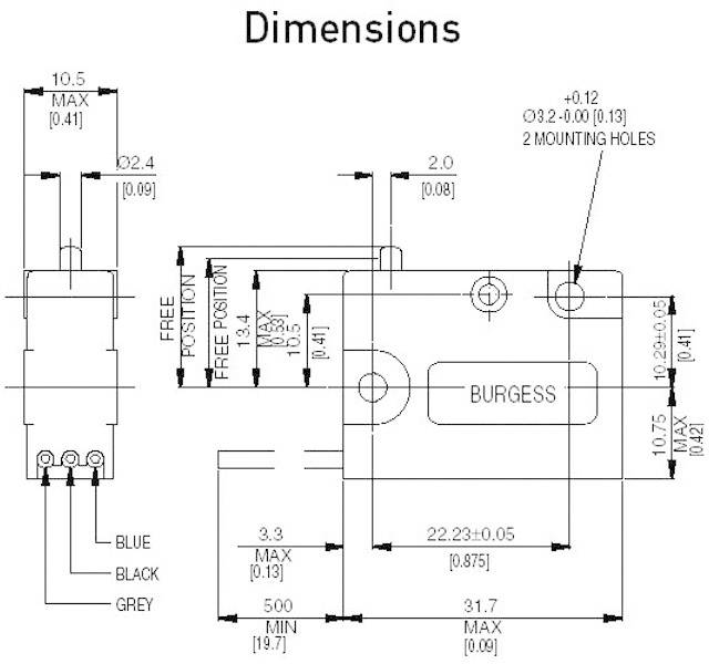Technische tekening van een microswitch met maatvoering, aansluitkleuren (Blauw, Zwart, Grijs) en montage-instructies.