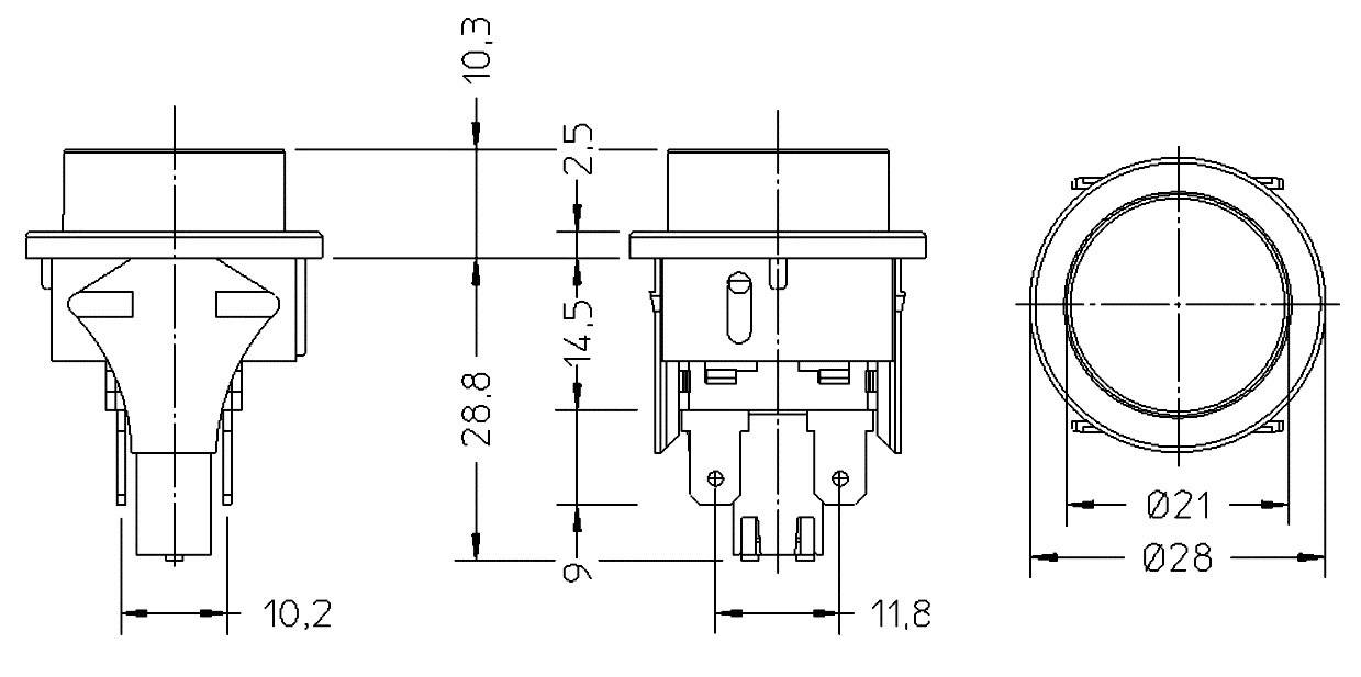 Technische tekening van een schakelaar met maatvoering in millimeters. Front- en zijaanzicht tonen de afmetingen en vorm van de schakelaar.