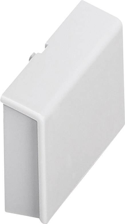 Een witte, rechthoekige hoekbeugel die dient als eindafdekking voor een elektronisch of technisch apparaat.