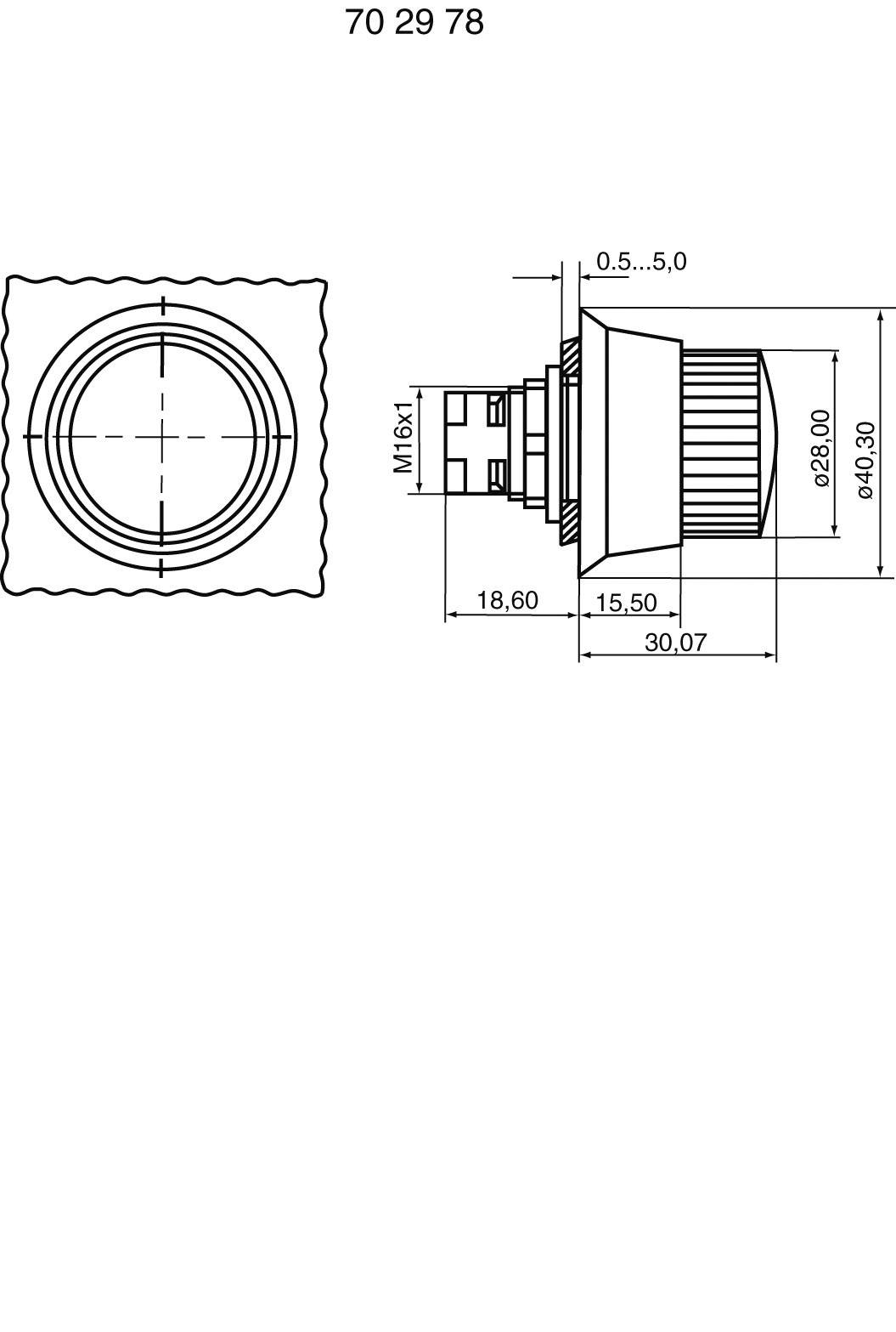 Technische tekening van een ronde schakelaar met afmetingen in millimeters. De schakelaar heeft een diameter van 28 mm en een totale lengte van 30,07 mm.