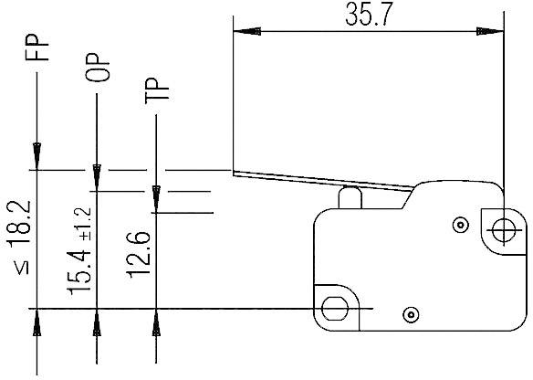 Technische tekening van een schakelaar met afmetingen: breedte 35,7 mm, hoogte 18,2 mm, afstanden 15,4 mm en 12,6 mm tussen de punten FP, OP en TP.