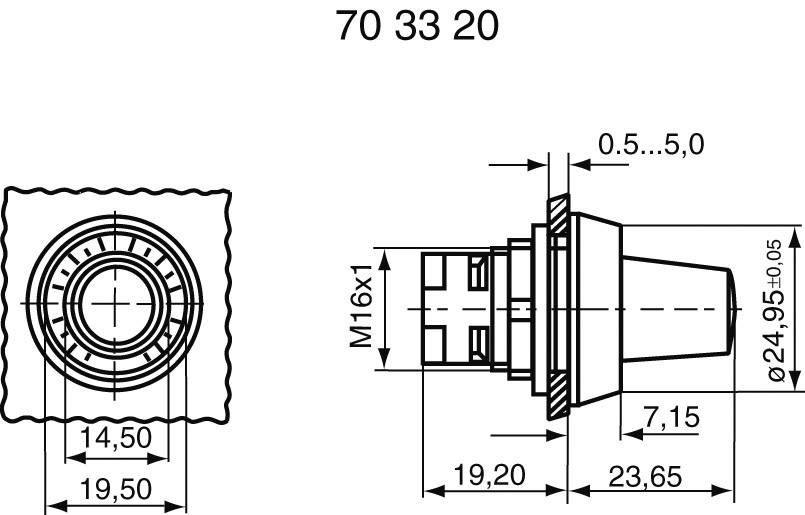 Technische tekening van een cilindrisch onderdeel met afmetingen en schroefdraad M16x1, zij- en vooraanzicht met gedetailleerde afmetingen.