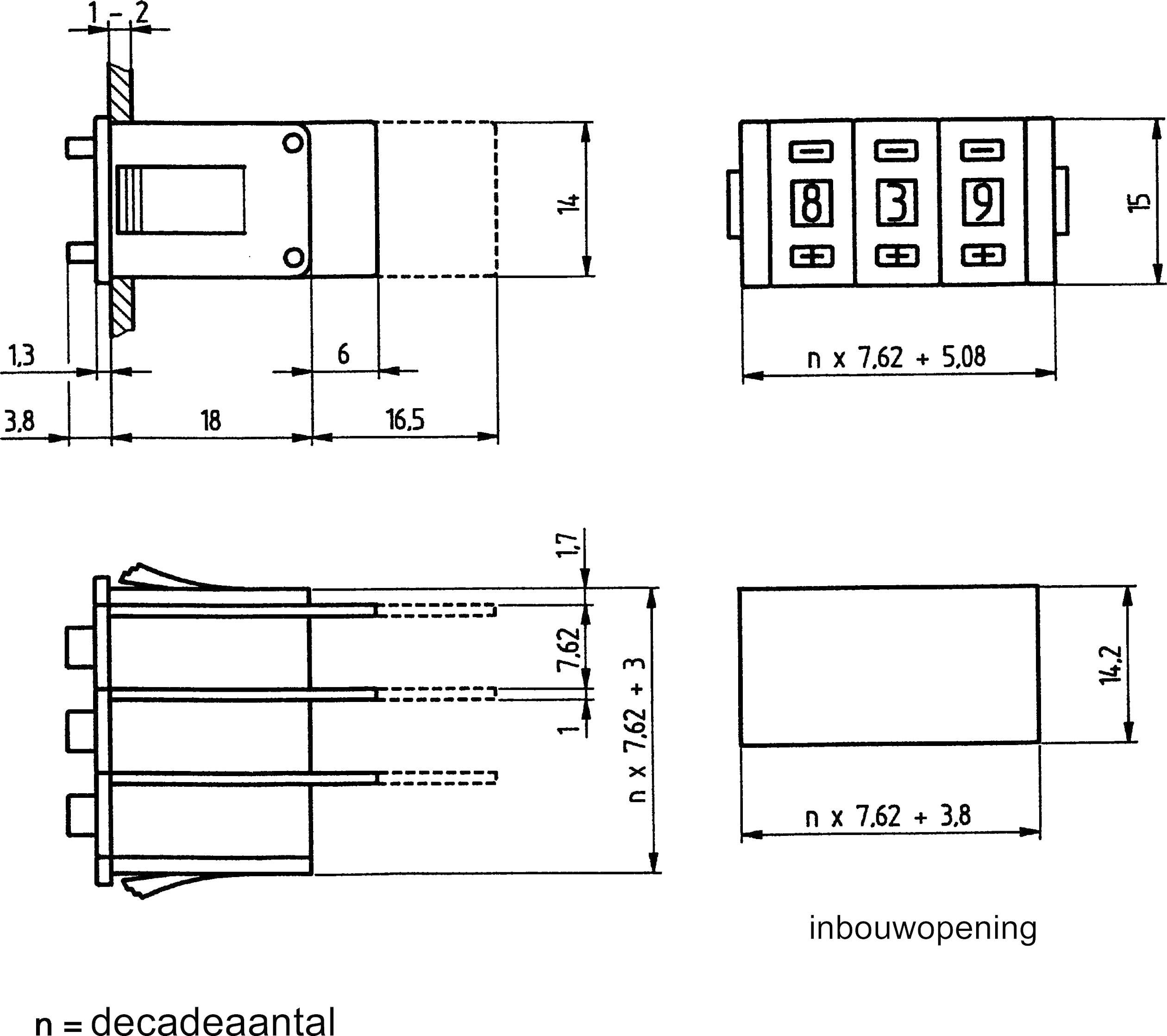 Technische tekening van een elektrisch onderdeel met afmetingen en aansluitpunten. Bevat cijferwielen 0-9.