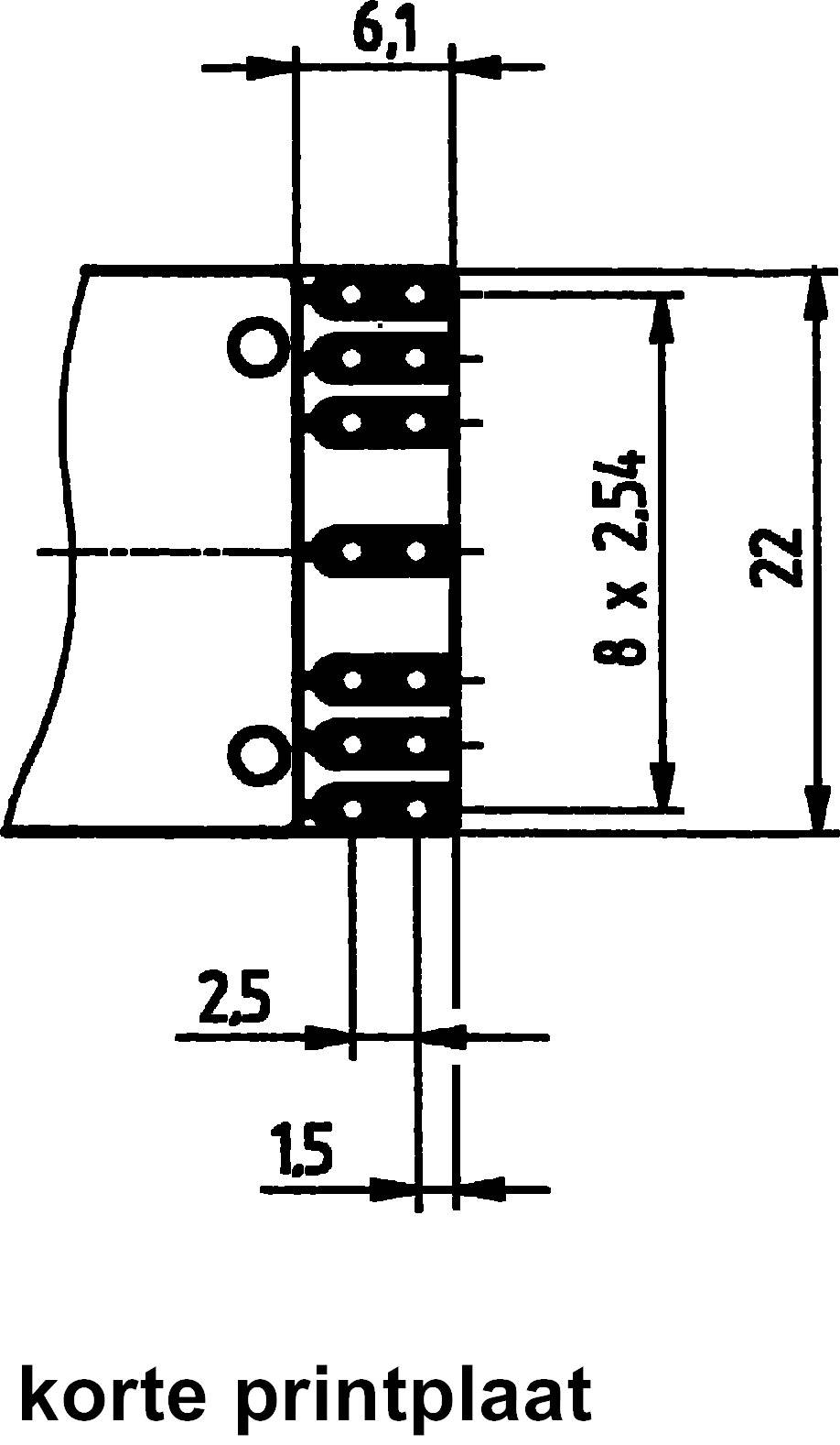 Technische tekening van een korte printplaat met afmetingen: 6,1 mm breedte, 22 mm lengte. Gelabeld met 'Korte printplaat'.