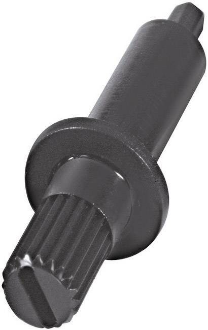 Zwart metalen gereedschap met cilindrische ribben en een ronde schijf in het midden. Wordt vaak gebruikt in mechanische toepassingen.
