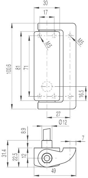 Technische tekening van een hoek met afmetingen. Hoofdaanzicht links toont hoogte en breedte, zijaanzicht rechts toont diepte en positie van de boorgaten.