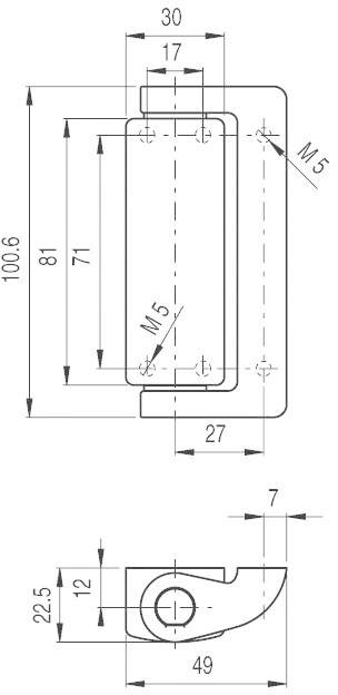 Technische tekening van een metalen beugel met afmetingen in millimeters: hoogte 100,6, breedte 30, bevestigingsgaten met M5-schroefdraad.