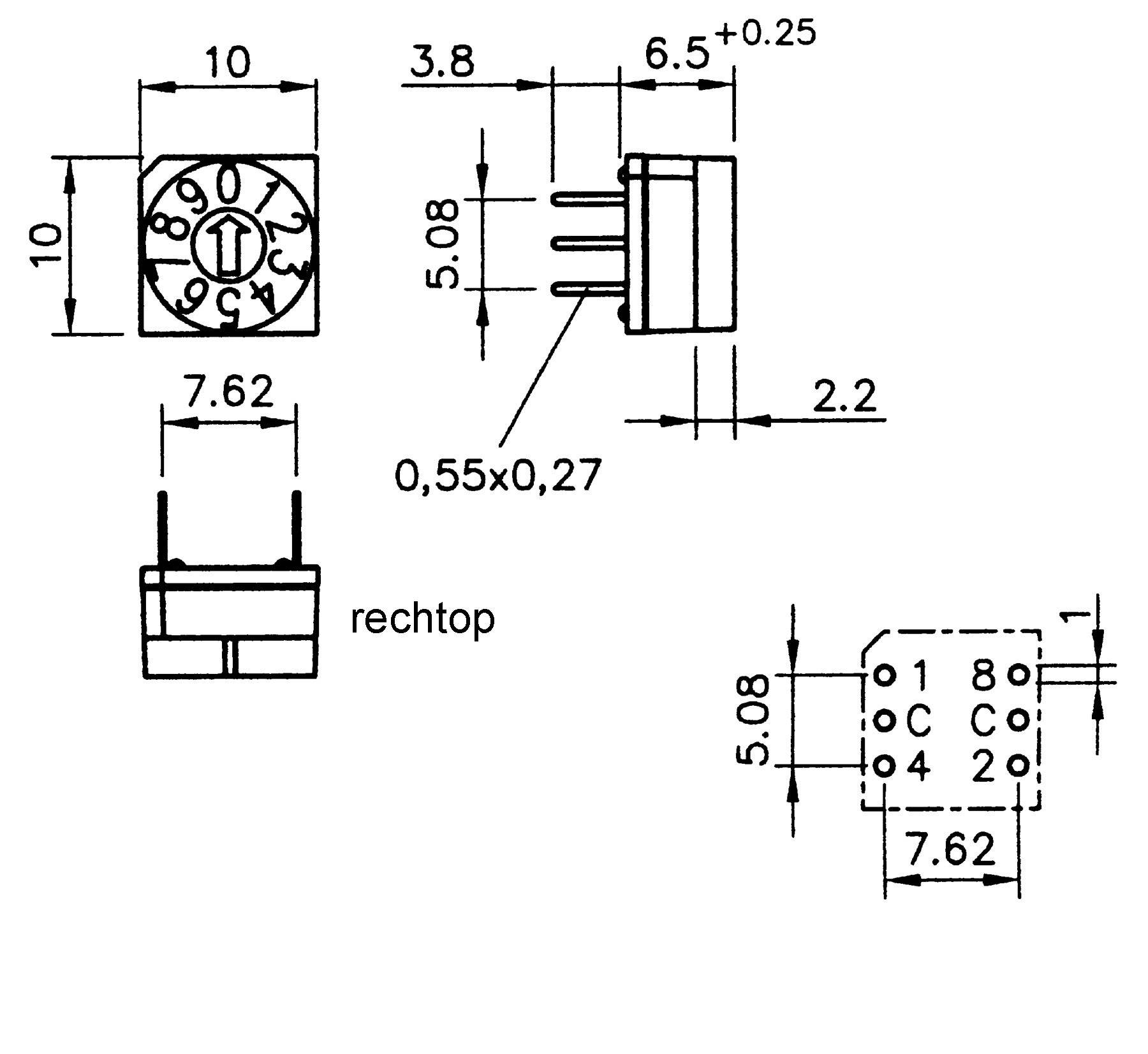 Technische tekening van een elektrische draaiknop met afmetingen. Wijzerplaat met cijfers 0-9, pin-aansluitingen, maten in millimeters.