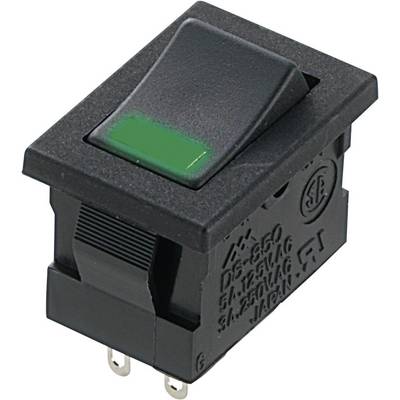 Een rechthoekige, vastklikkende tuimelschakelaar van zwart kunststof met groene markering op de tuimelaar. Geschikt voor elektronische apparaten.