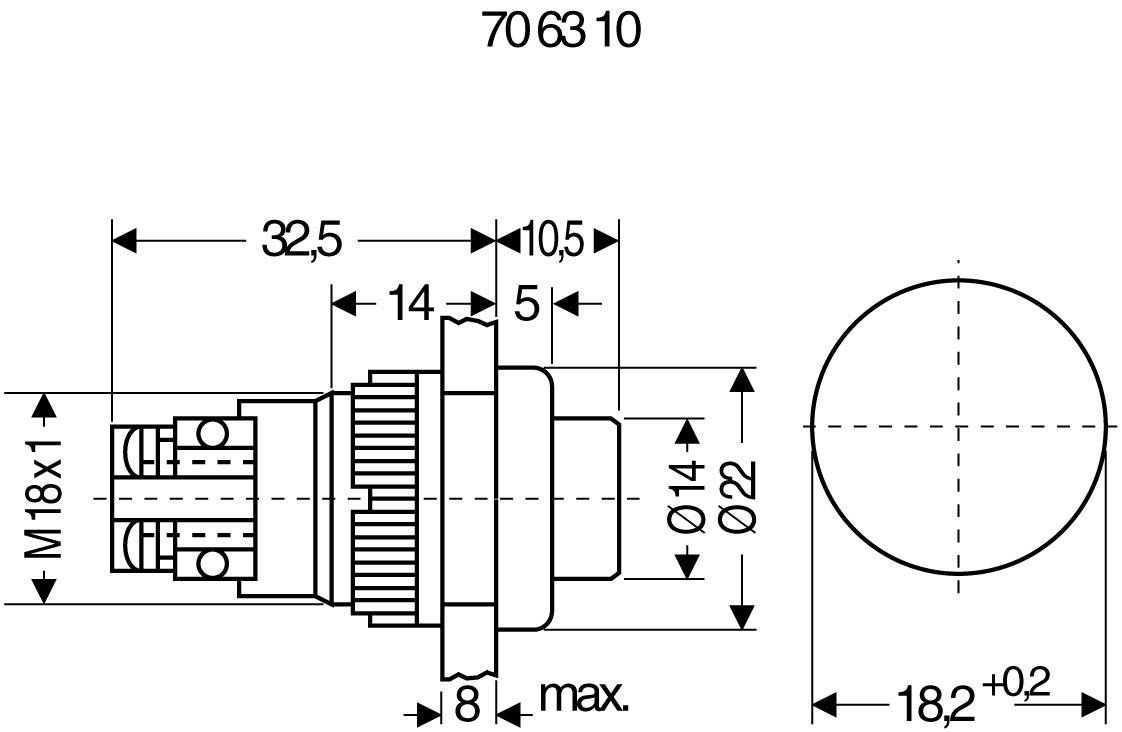 Technische tekening van een cilindrische sensor met M18x1 schroefdraad. Afmetingen in mm: lengtedoorsnede 32,5, diameter 18,2, details van de aansluitingen.