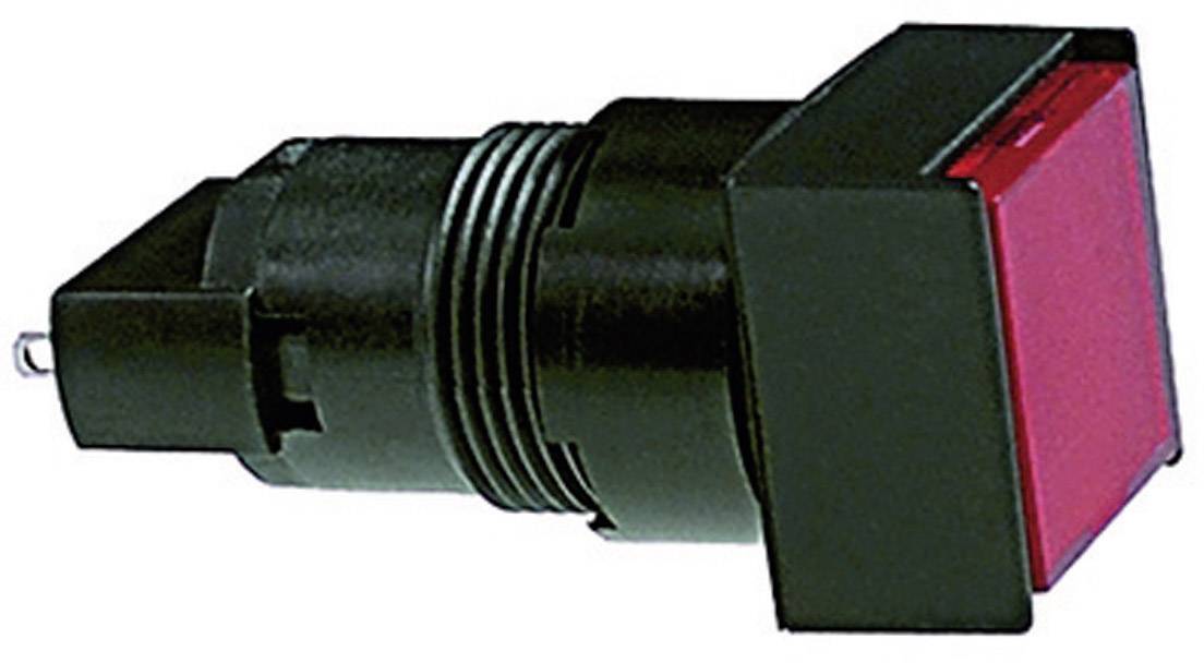 Zwarte vierkante drukknop met rode oppervlakte en aansluitpennen. Geschikt voor elektronische apparaten of besturingssystemen.