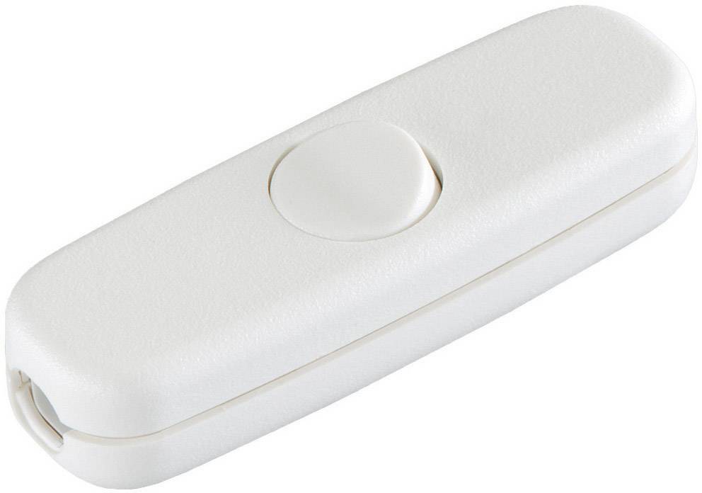 Een witte, rechthoekige schakelaar met afgeronde hoeken en een rond knopje in het midden; wordt gebruikt om in- en uit te schakelen.