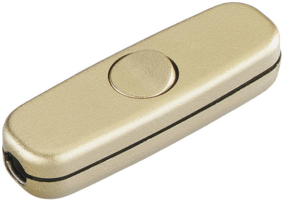 Een goudkleurige, ovale schakelaar met een centraal knopje, geschikt voor handmatig in- en uitschakelen van elektronische apparaten.