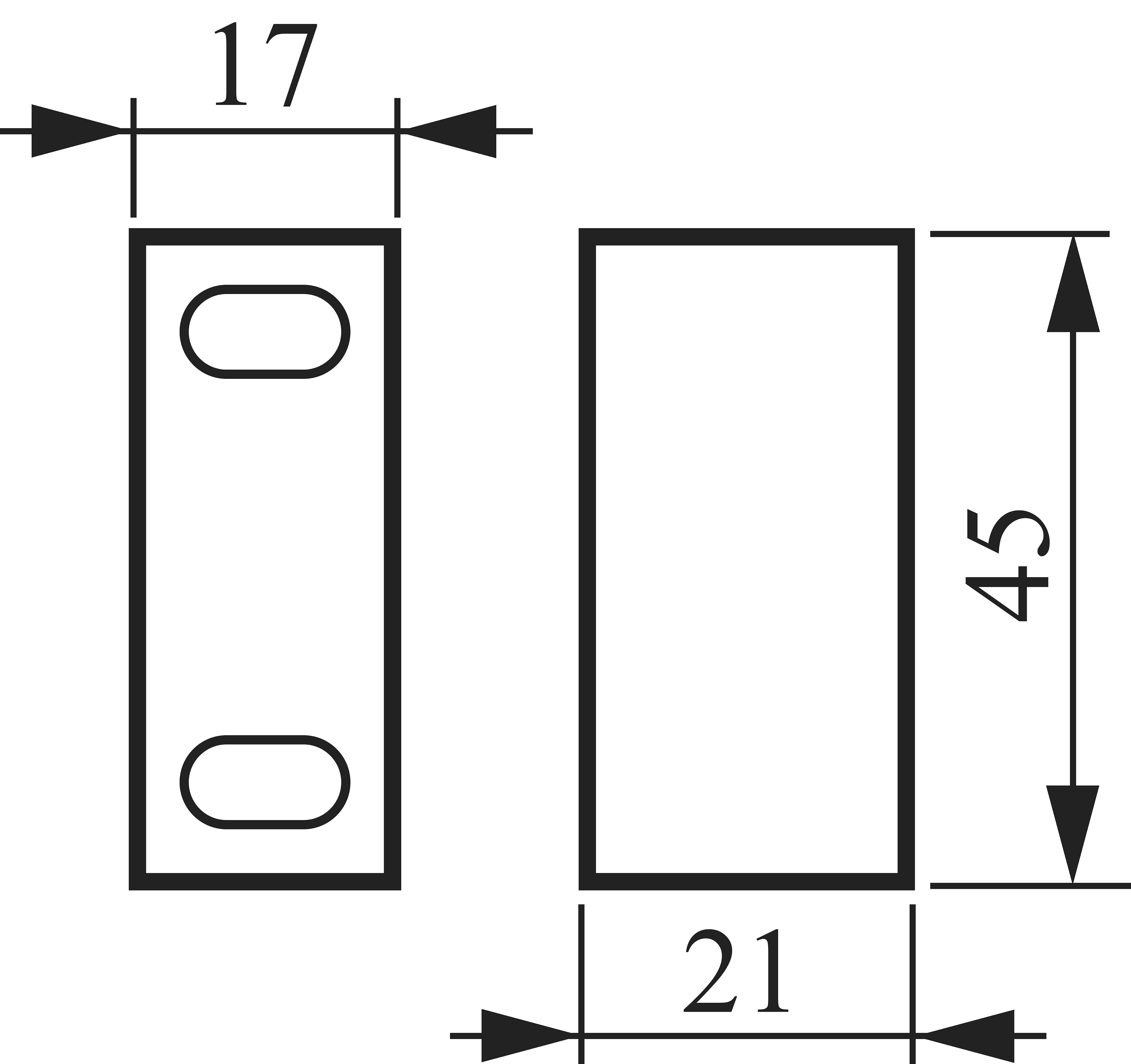 Technische tekening van een rechthoekig onderdeel met de afmetingen: 17 mm breedte, 21 mm diepte, 45 mm hoogte.