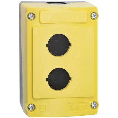 Geel behuizing met twee ronde openingen en vier metalen schroeven aan de hoeken, geschikt voor industriële schakelaarmontage.