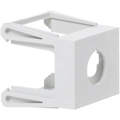 Witte, vierkante kunststof beugel met een ronde opening aan één zijde en drie steunen. Wordt gebruikt voor het bevestigen van technische apparaten.
