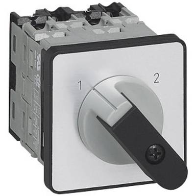 Een zilveren draaischakelaar met twee standen, '1' en '2', op een grijze metalen plaat, voor elektrische besturingen.