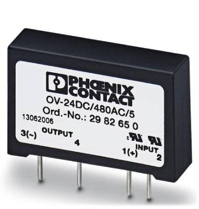 Een zwart relaisonderdeel van Phoenix Contact met het opschrift 'OV-24DC/480AC/5'. Het heeft vier aansluitpennen en aanduidingen voor 'OUTPUT' en 'INPUT'.