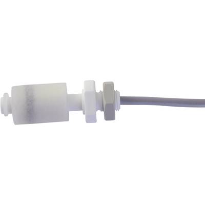 Een witte, cilindrische vlotterschakelaar met kabel, typisch gebruikt voor vloeistofniveaumeting in containers of tanks.