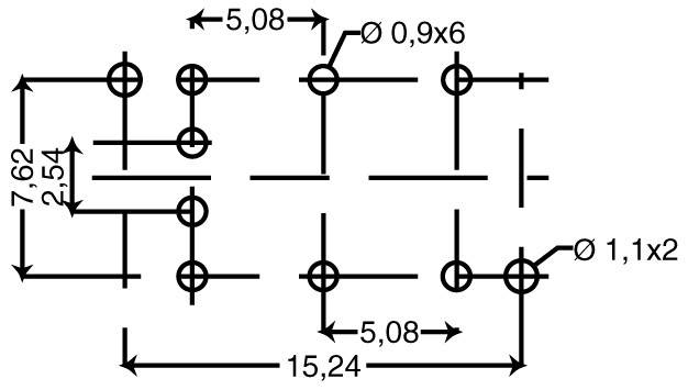 Schakelschema met afmetingen: 7,62 mm, 2,54 mm, 5,08 mm en 15,24 mm tussen de punten, met diameters van 0,9x6 en 1,1x2 mm.