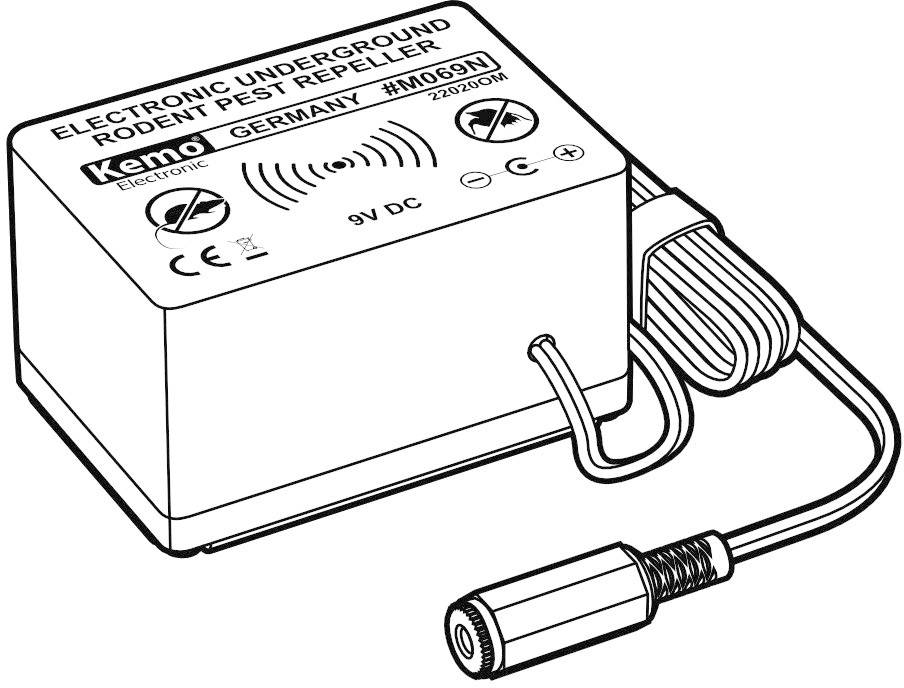 'Elektronische ongediertenafweerder', rechthoekig apparaat met kabel en stekker. Opdruk '9069'. Ontworpen om knaagdieren af te schrikken.