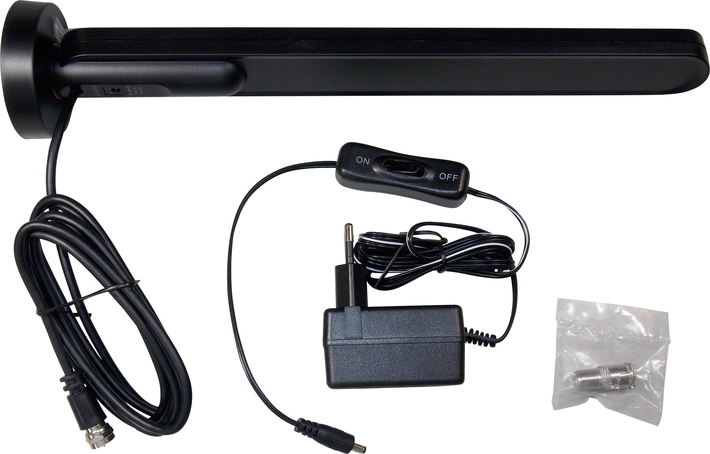 Zwarte staafantenne met geïntegreerde schakelaar en netsnoer, inclusief een netadapter en een accessoirezak, op een witte achtergrond.