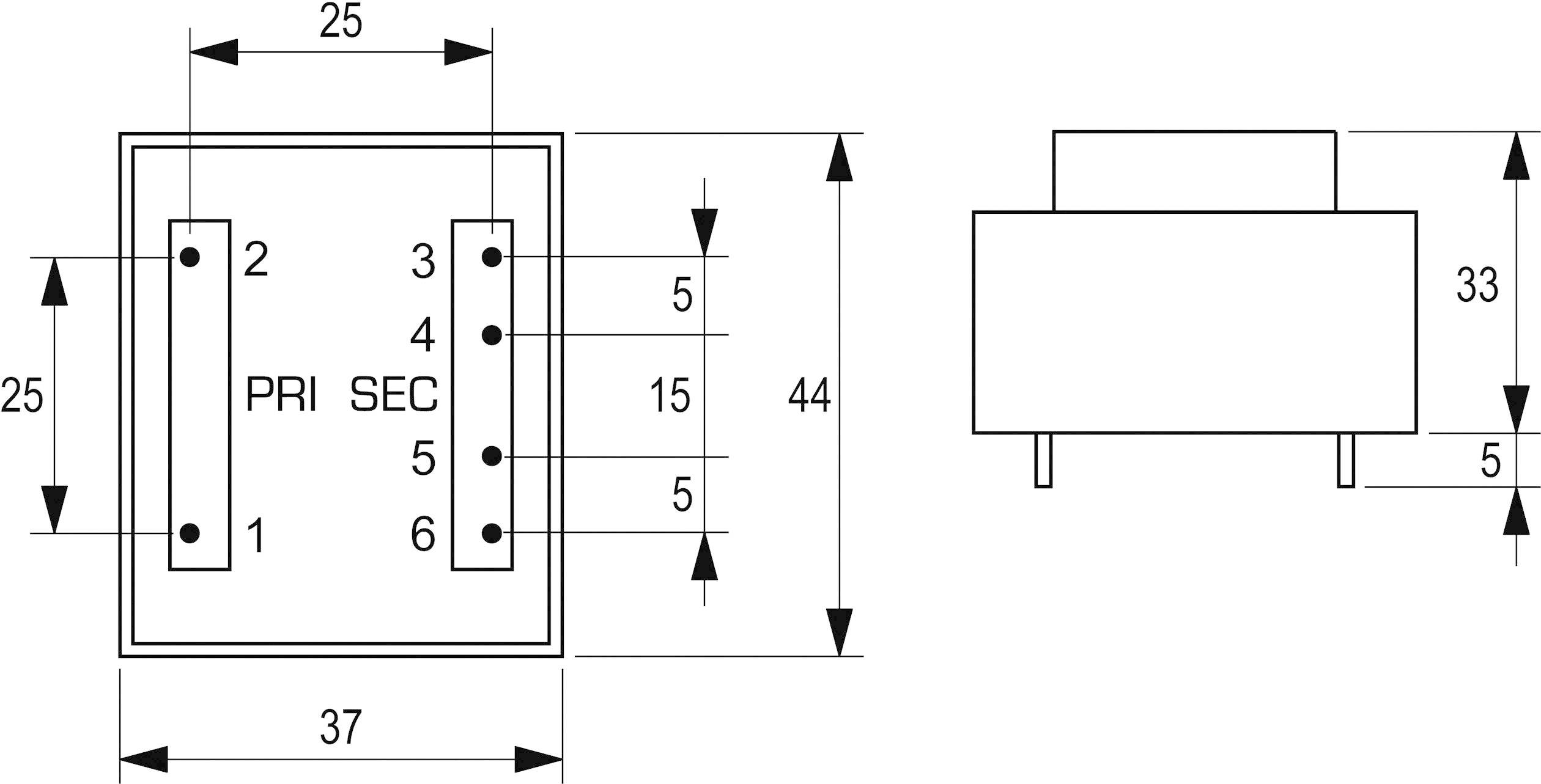 Elektrisch schema van een transformator met afmetingen. Links: Aansluitingen 'PRI' (1-2) en 'SEC' (3-6). Rechts: Zijaanzicht.