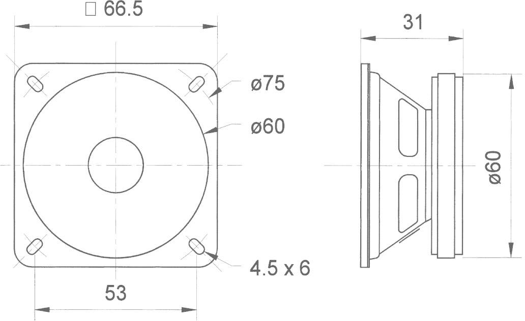 'Technische tekening van een luidspreker met afmetingen: breedte 53 mm, diameter 75 mm, opening 60 mm, diepte 31 mm.'