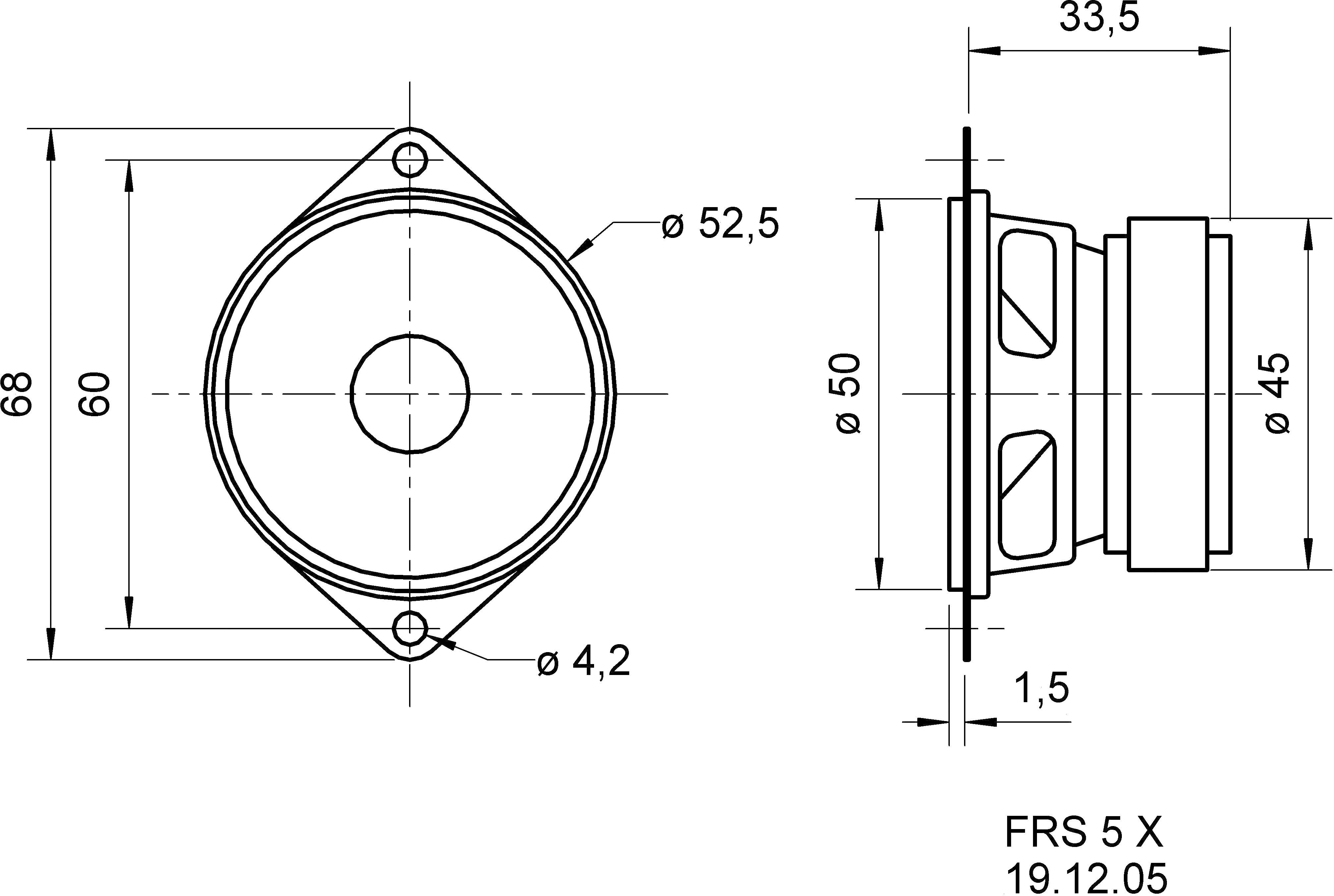 Technische tekening van een luidspreker, toont bovenaanzicht en zijaanzicht met afmetingen: 68x68 mm en 33,5 mm diepte.