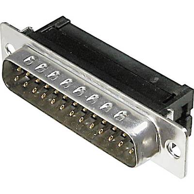 Een 25-polige D-Sub-stekker, doorgaans gebruikt voor seriële gegevensverbindingen, met metalen behuizing en contactpinnen.