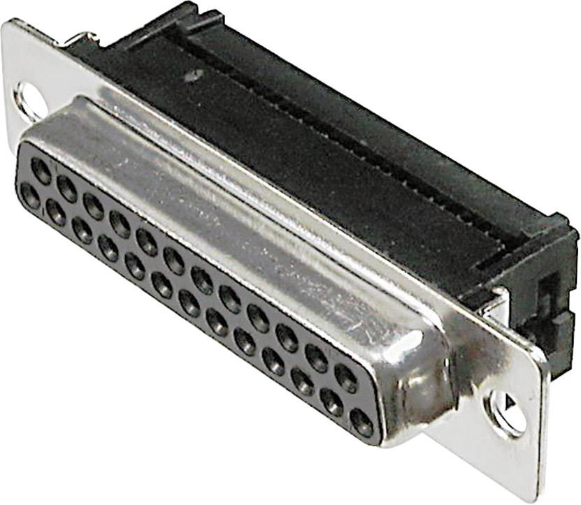 Een DB-25-stekker, een standaard aansluiting voor computernetwerken en randapparatuur, met 25 pinnen in een rechthokkige metalen behuizing.