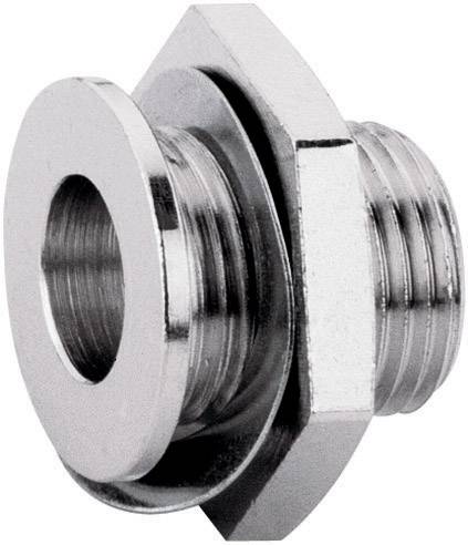 Een verchroomde zeskant-adapter met binnen- en buitenschroefdraad, geschikt voor het aansluiten van twee verschillende buistypen.