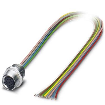 Stekkerdoos met meerdere gekleurde kabels die uit een cilindrische metalen behuizing steken.