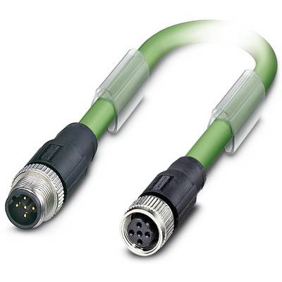 Een groen Ethernet-kabel met mannelijke en vrouwelijke M12-connectoren aan beide uiteinden, gebruikt voor industriële netwerkverbindingen.