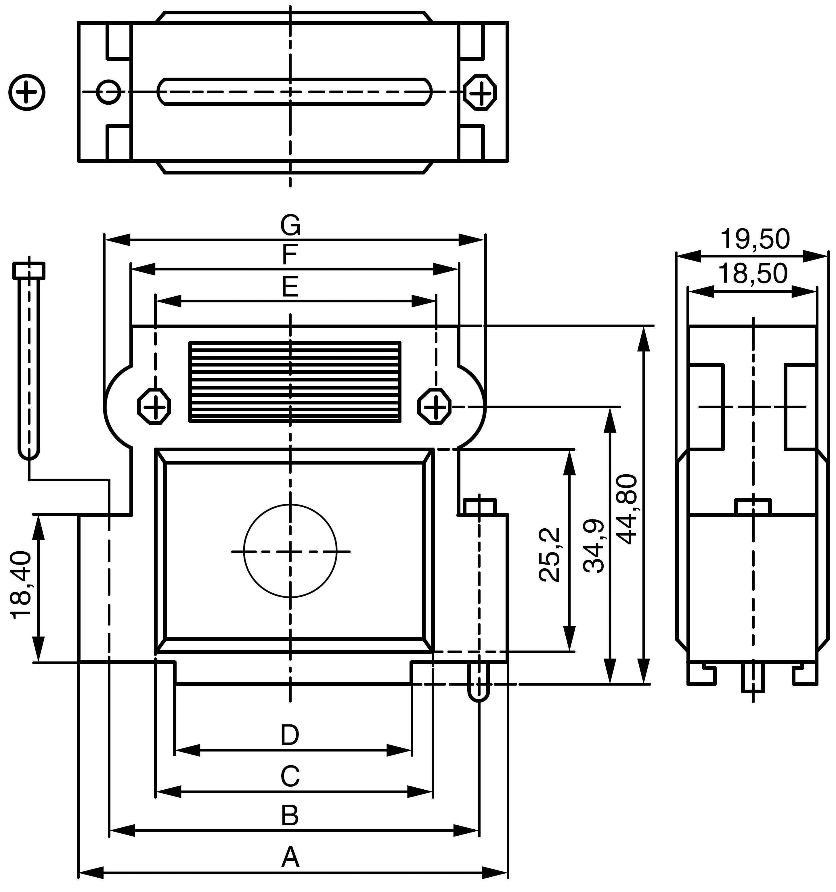 'Technical drawing of an electrical component with dimensions in millimeters: Height 44.80, Width 34.90, Depth 19.50. Contains markings A-G.'