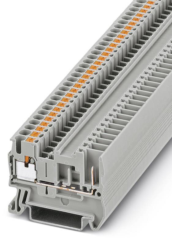 Grijs railklemmenblok met oranje aansluitingen, gebruikt in elektrische verdeelkasten voor veilige bekabelingstoepassingen.