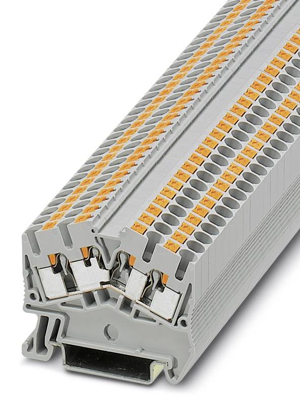 Een grijze railklemmenblok met oranje hefbomen, gebruikt in elektrische installaties voor een veilige draadverbinding.