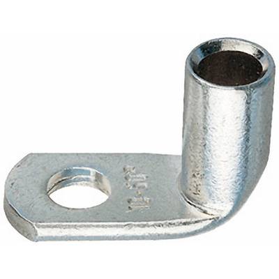 Metalen kabeloog, rechthoekige voet met gat voor schroefbevestiging, cilindrische opening aan de bovenzijde voor kabeldoorvoer.