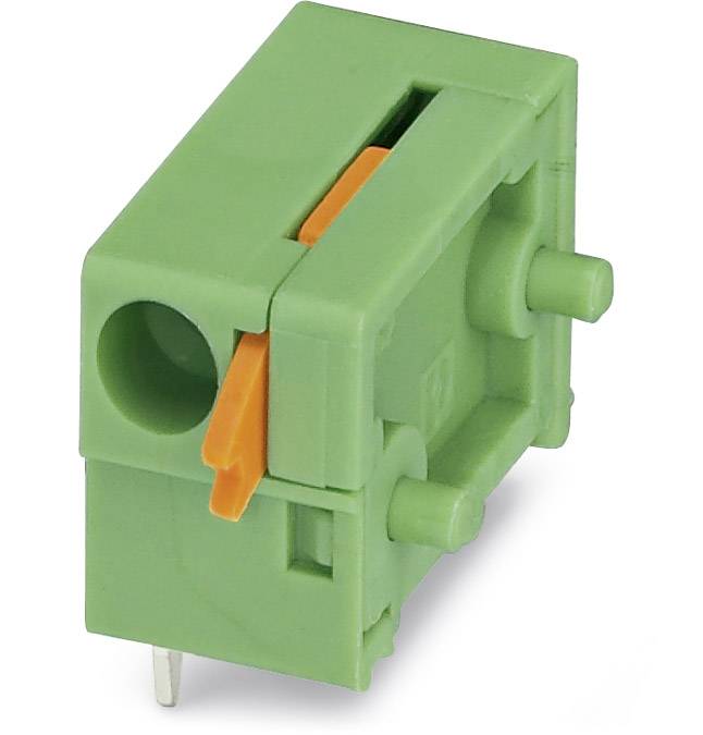 Groene stekker met oranje hendel, zijaanzicht. Geschikt voor elektronische bekabeling.