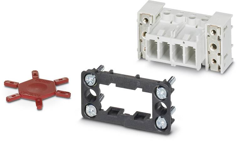 Een witte stekkerdoos, een zwarte montageklem met schroeven en een rode montageadapter liggen op een wit oppervlak.