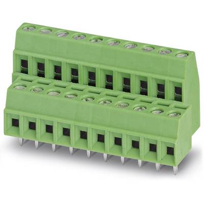Groene stekkerverbinder met dubbel gestapelde aansluitklemmen en metalen pinnen, geschikt voor elektronische verbindingen.