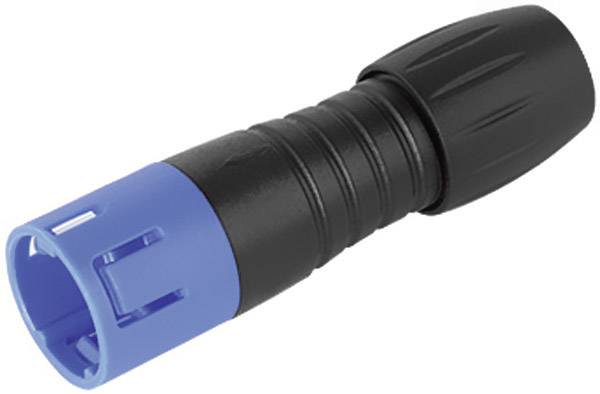 Zwarte, cilindrische stekker met blauwe aansluiting. Hij wordt gebruikt voor elektronische koppeling, typisch in audio-toepassingen.