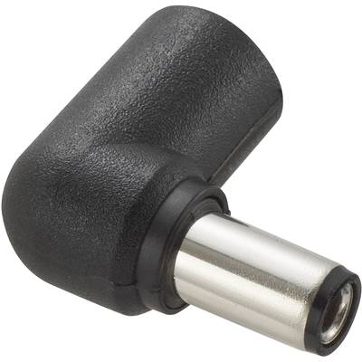 Een zwarte, haaks DC-stekker met metalen contact, vaak gebruikt voor elektronische apparaten.