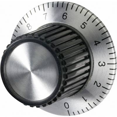 Een zilveren nummerslot-draaiknop met markeringen van 0 tot 9. De knop is gericht op het nummer 6.